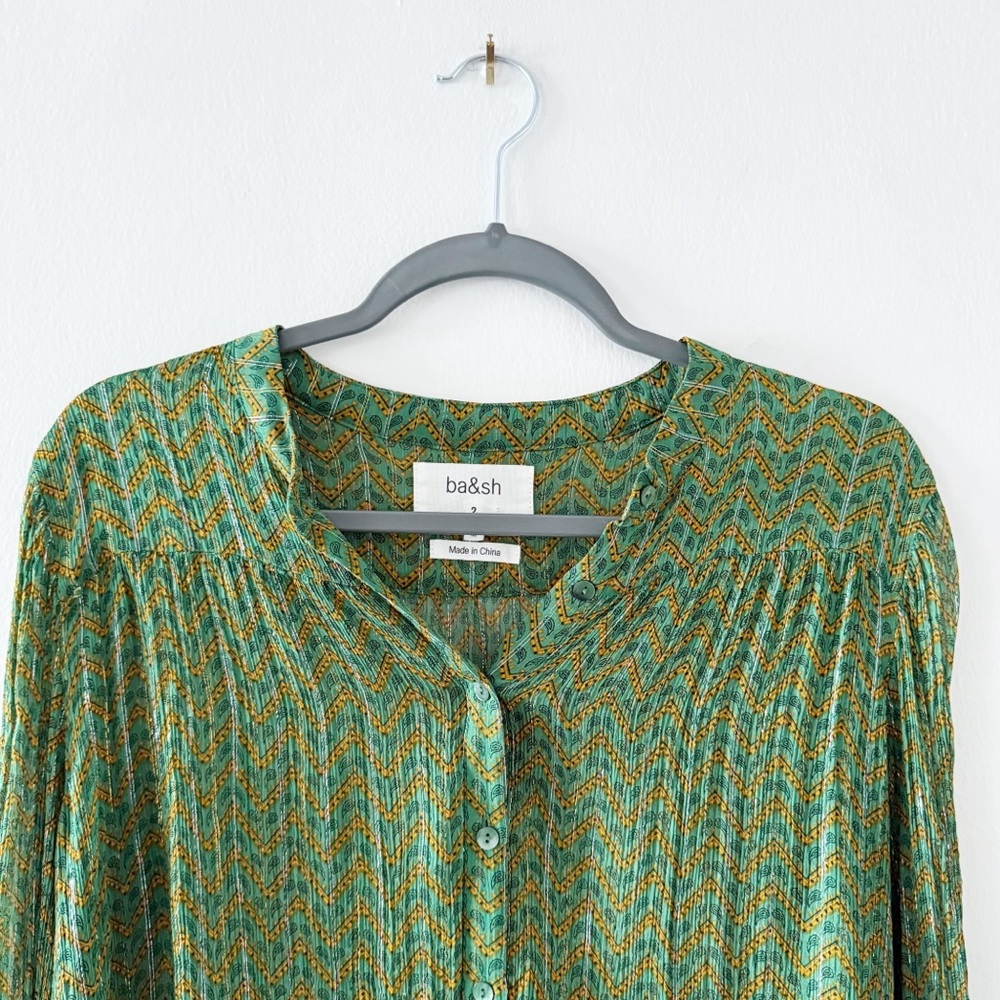 Ba&sh Wize Green Printed Sheer Long Sleeve Blouse Top Size 2 - Picture 2 of 8